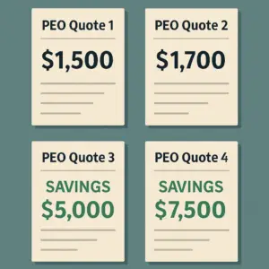Illustration of four PEO quote documents on a teal background, labeled "PEO Quote 1" through "PEO Quote 4." The first two show prices of $1,500 and $1,700, while the last two highlight savings of $5,000 and $7,500 in bold green text
