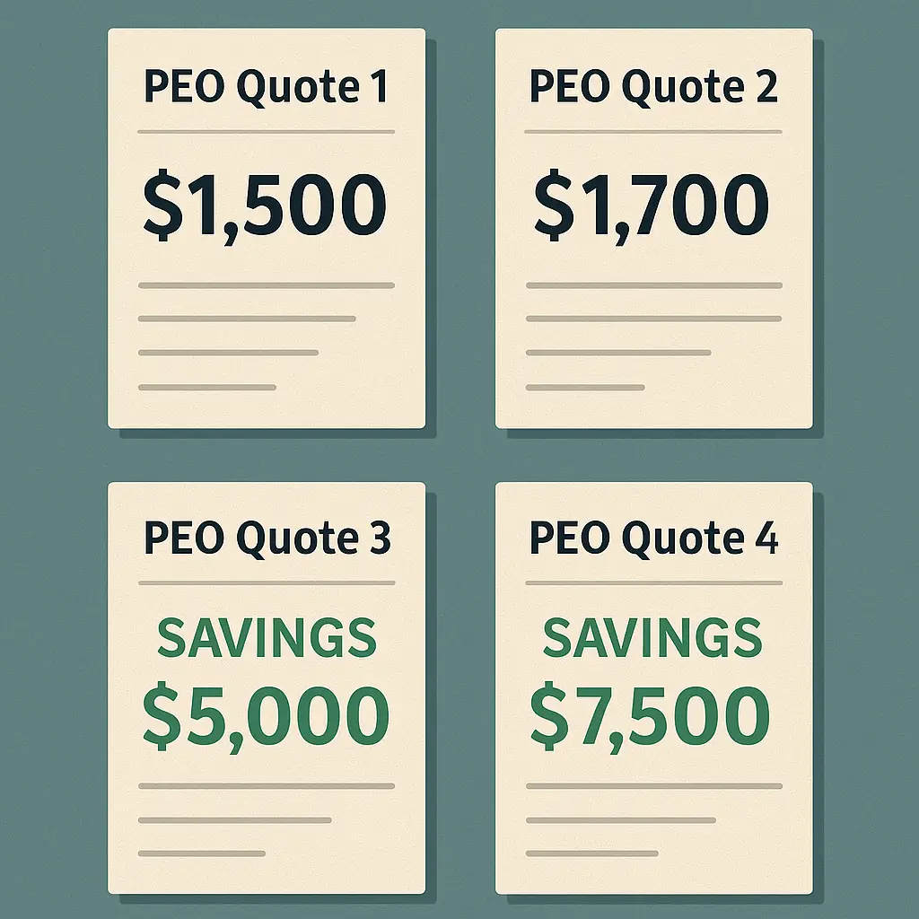 Illustration of four PEO quote documents on a teal background, labeled "PEO Quote 1" through "PEO Quote 4." The first two show prices of $1,500 and $1,700, while the last two highlight savings of $5,000 and $7,500 in bold green text