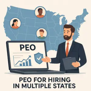 Business owner reviewing PEO for hiring in multiple states and benefits administration