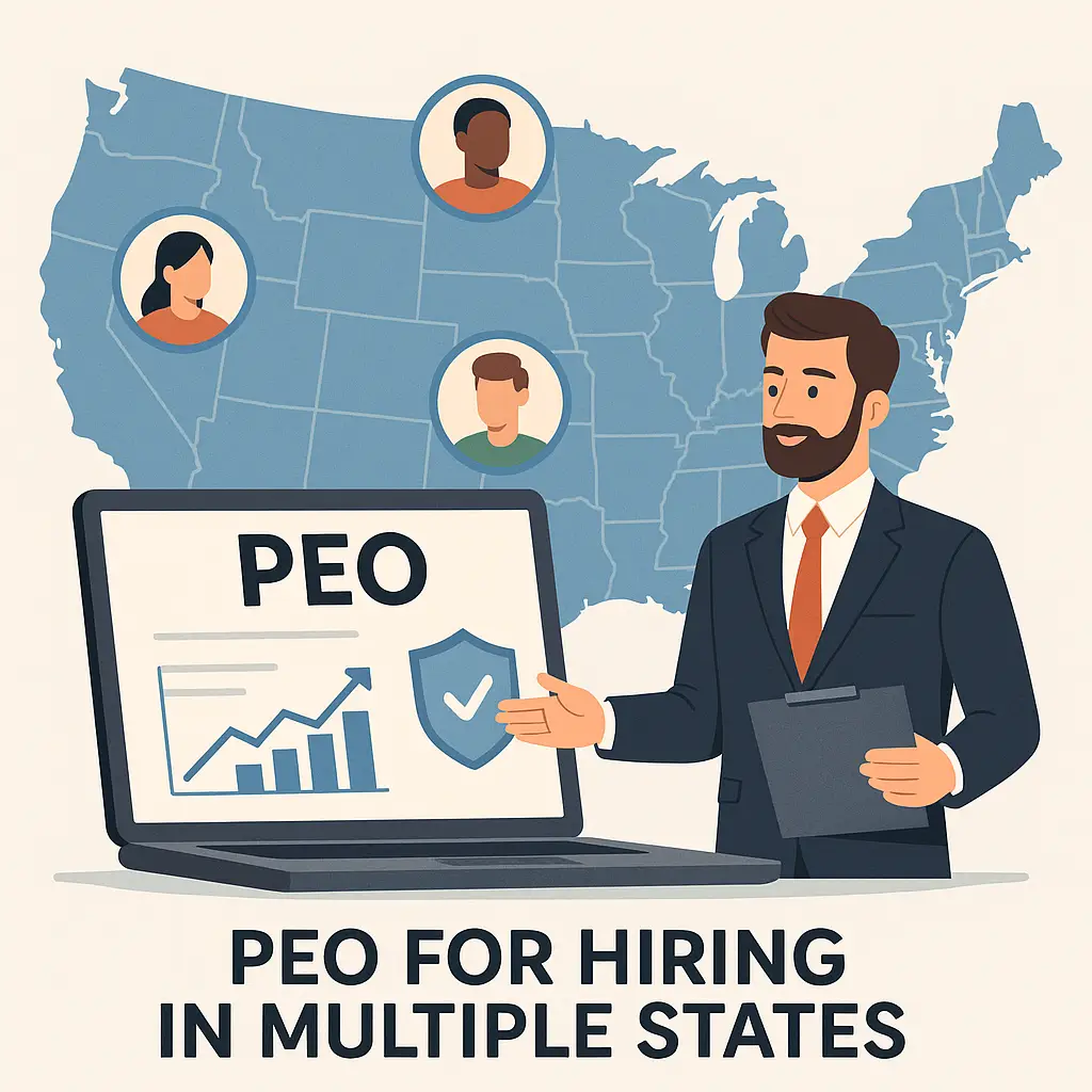 Business owner reviewing PEO for hiring in multiple states and benefits administration