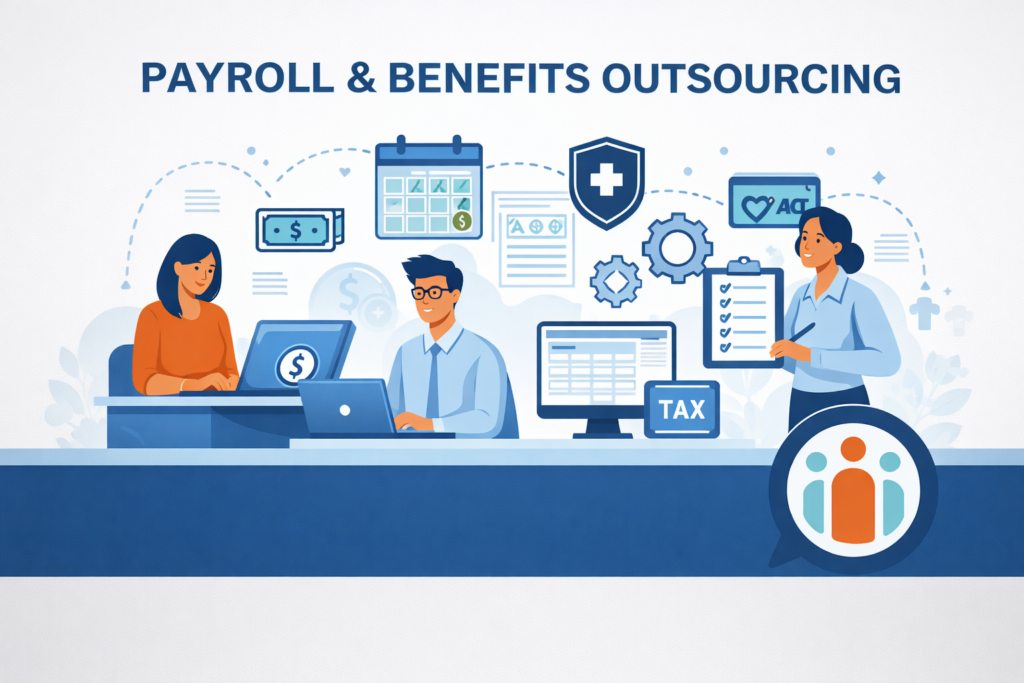 Payroll and benefits outsourcing blog footer with company logo representing HR, payroll, and employee benefits support