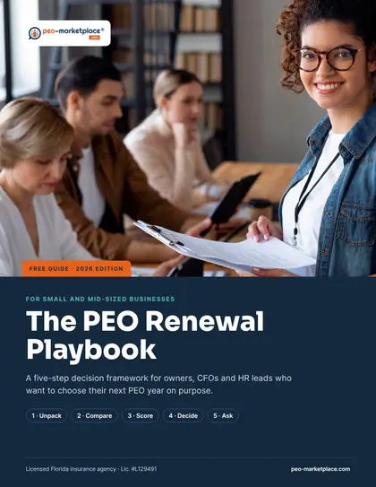 Cover of The PEO Renewal Playbook from PEO Marketplace, showing a small business team at work